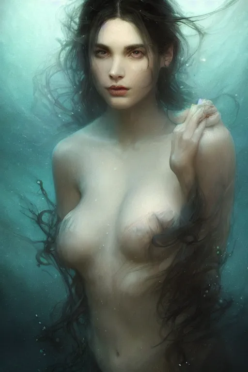 Image similar to floating deep in dark murky water!!!, underwater atmospheric mood, asleep and dreaming! cinematic volumetric lights, bust portrait, dnd, fantasy, intricate, elegant, highly detailed, digital painting, artstation, concept art, smooth, sharp focus, illustration, art by artgerm and tom bagshaw and greg rutkowski and alphonse mucha