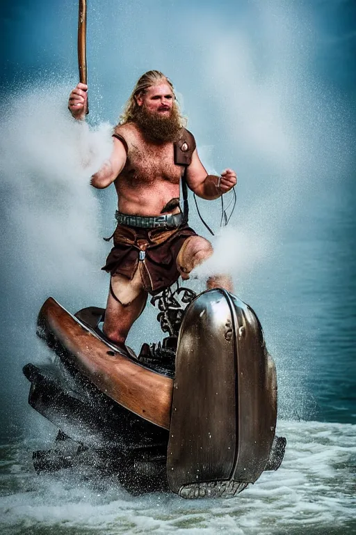 Image similar to old vintage full body photo of ancient viking warrior with full beard on the complex complex steam punk jet ski with antigravity engine during big viking event, extreme sports photography ,super high speed photography, dynamic photography,symmetrical face, clean face, muscular body, high speed,dirt and grawel in air, lens flares, dust partiles in the air, dramatic lighting, intricate, highly detailed, centered, smooth, sharp focus, sports photography, old photo, black and white, sepia, cinematic lighting, cinematic angle, national geographic