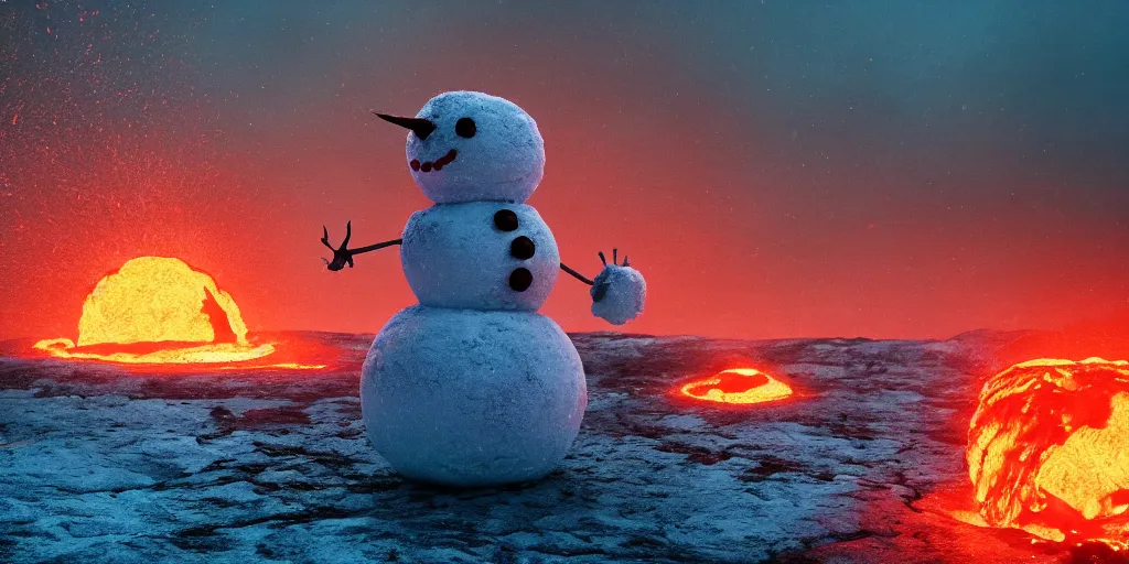 Prompt: a snowman melting on top of the sun and turning into water. the ground is made of fire and lava and is glowing orange. cinematic, dramatic, epic, volumetric lighting, atmospheric, red, orange extremely coherent, 8 k, space, warm, blade runner 2 0 4 9