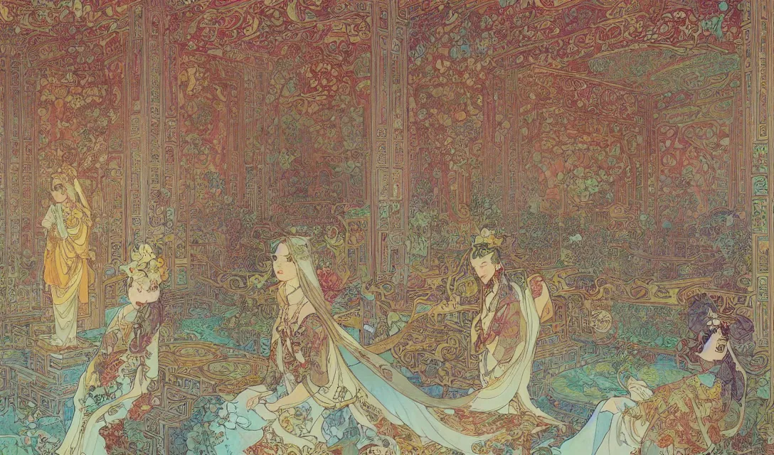 Prompt: a gorgeous symmertrical chinese palace, illustration by alfons mucha and victo ngai