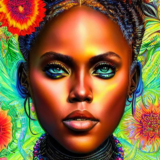 Image similar to portrait of dewanda wise, hyper detailed masterpiece, neon floral pattern, jean giraud, digital art painting, darkwave goth aesthetic, psychedelic, artgerm, donato giancola and tom bagshaw