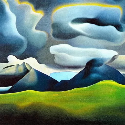 Prompt: purcell mountain range, style of salvador dali, warm lighting, lush green valley