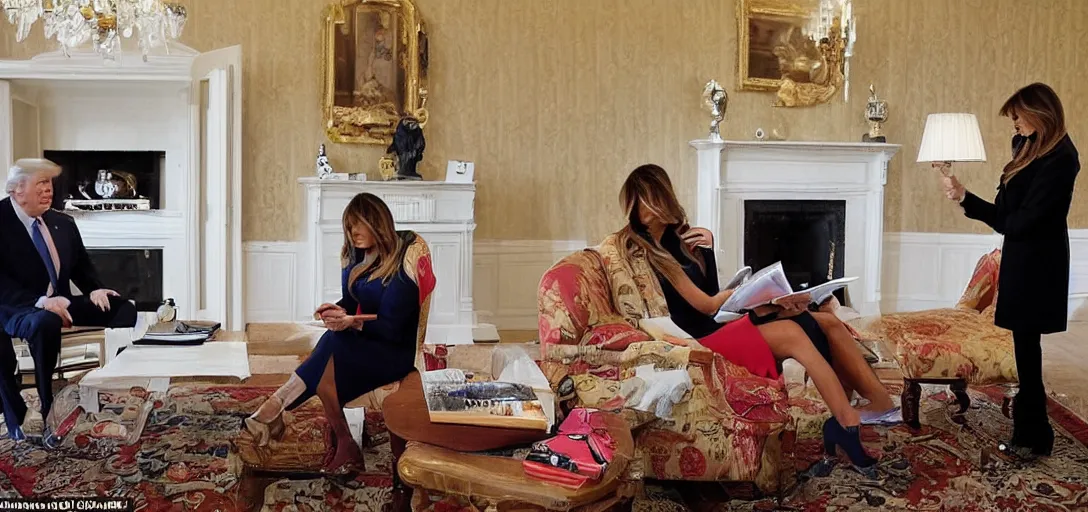 Image similar to melania trump nonchalant reading a magazine while people search her house, photograph,