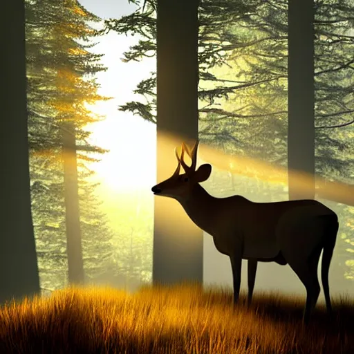 Prompt: large buck white tail standing on top of a hill with light shining through the trees in the early morning, volumetric shadows, volumetric lighting digital painting, trending on artem, trending on deviantart,