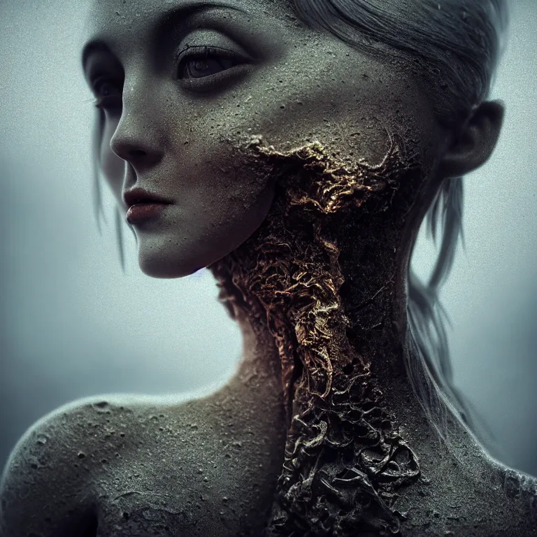 Prompt: surreal closeup portrait photo of beautiful young melting woman wearing spinal exoskeleton on exoplanet, baroque painting, desolate empty wasteland, creepy, nightmare, dream-like heavy atmosphere, dark fog, surreal abandoned buildings, neoclassic, baroque painting, beautiful detailed intricate insanely detailed octane render trending on Artstation, 8K artistic photography, photorealistic, volumetric cinematic light, chiaroscuro, Raphael, Caravaggio, Beksinski, Giger, Rembrandt