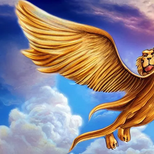 Image similar to a beautiful winged lion soaring through the sky, fantasy illustration