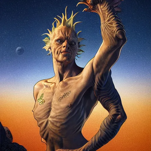 Image similar to the image of a beavis with raised arms between the moon and the sun and stars ultra realistic, concept art, intricate details, serious, highly detailed, photorealistic, octane render, 8 k, unreal engine, art by todd mcfarlane and artgerm and greg rutkowski and alphonse mucha