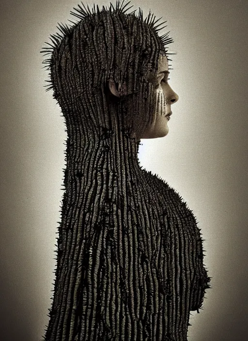 Image similar to a woman's face in profile, made of cactus spines, in the style of the Dutch masters and Gregory Crewdson, dark and moody