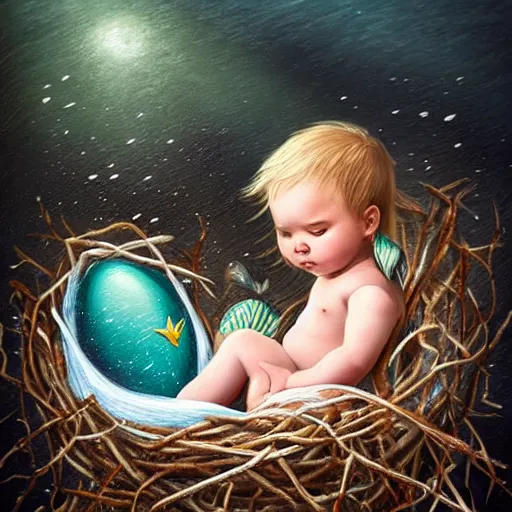 Image similar to baby mermaid next to a cracked egg in a nest, realistic, high detailed, fantasy art
