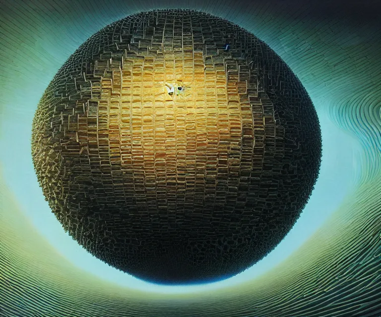 Prompt: hyper detailed 3d render like a Oil painting - a dyson sphere, futuristic science fiction vibe, by Jacek Yerka, Mariusz Lewandowski, Houdini algorithmic generative render, Abstract brush strokes, Masterpiece, Edward Hopper and James Gilleard, Zdzislaw Beksinski, Mark Ryden, Wolfgang Lettl, hints of Yayoi Kasuma, octane render, 8k, wide angle shot