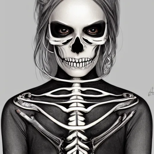 Prompt: a photograpic portrait of a anthropomorphic skeleton wearing black clothes, silver hair, fantasy, intricate, elegant, highly detailed, digital painting, artstation, concept art, smooth, sharp focus, illustration, art by artgerm and H R Giger and alphonse mucha