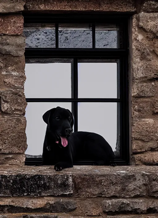 Prompt: A black Labrador looking outside of a window onto the snowed-in mountains, XF IQ4, 150MP, 50mm, F1.4, ISO 200, 1/160s, natural light