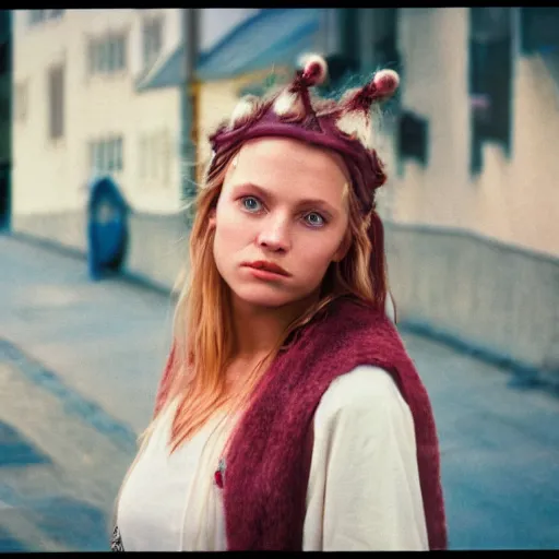 Prompt: hd photo of the norse goddess freya in a modern norwegian city. high - quality candid photography, cinestill 5 0 0