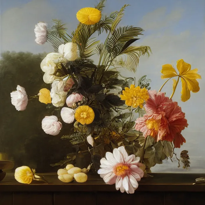 Image similar to still life painting of a beautiful bouquet of flowers by pieter claesz, palm trees in the background, oil on canvas, strong lighting, highly detailed, hyper realism, golden hour, god rays, hd, 4 k