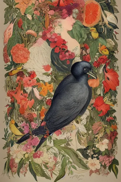 Image similar to beautiful girl Amalgamation with flowers, fruits, birds by Beto Val, John James Audubon, vintage illustration, bizarre compositions, Exquisite detail