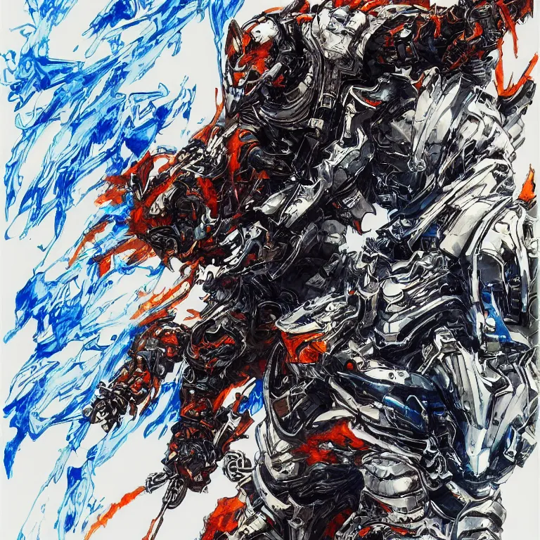Prompt: a drawing of a flaming cybernatic samurai, blue armor, water, by yoji shinkawa and tsutomu nihei, detailed art, highly detailed, trending on artstation