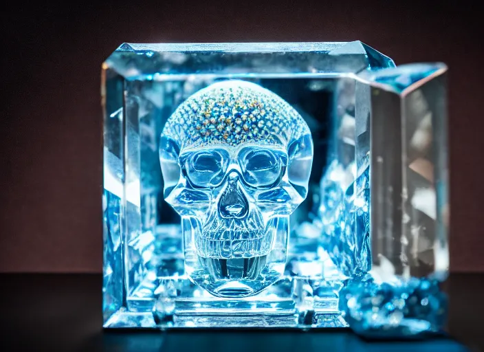 Image similar to crystal skull encased in crystal cube. Highly detailed 8k. Intricate. Nikon d850 55mm. Award winning photography.