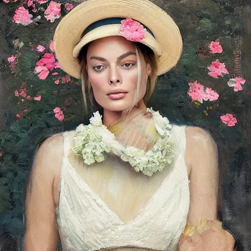 Image similar to happy very thick paint brush strokes paint texture full body fashion model margot robbie by Jeremy Lipking by Hasui Kawase by Richard Schmid (((smokey eyes makeup eye shadow fantasy, glow, shimmer as victorian woman in a long white frilly lace dress and a large white hat having tea in a sunroom filled with flowers, roses and lush fern flowers ,intricate, night, highly detailed, dramatic lighting))) , high quality