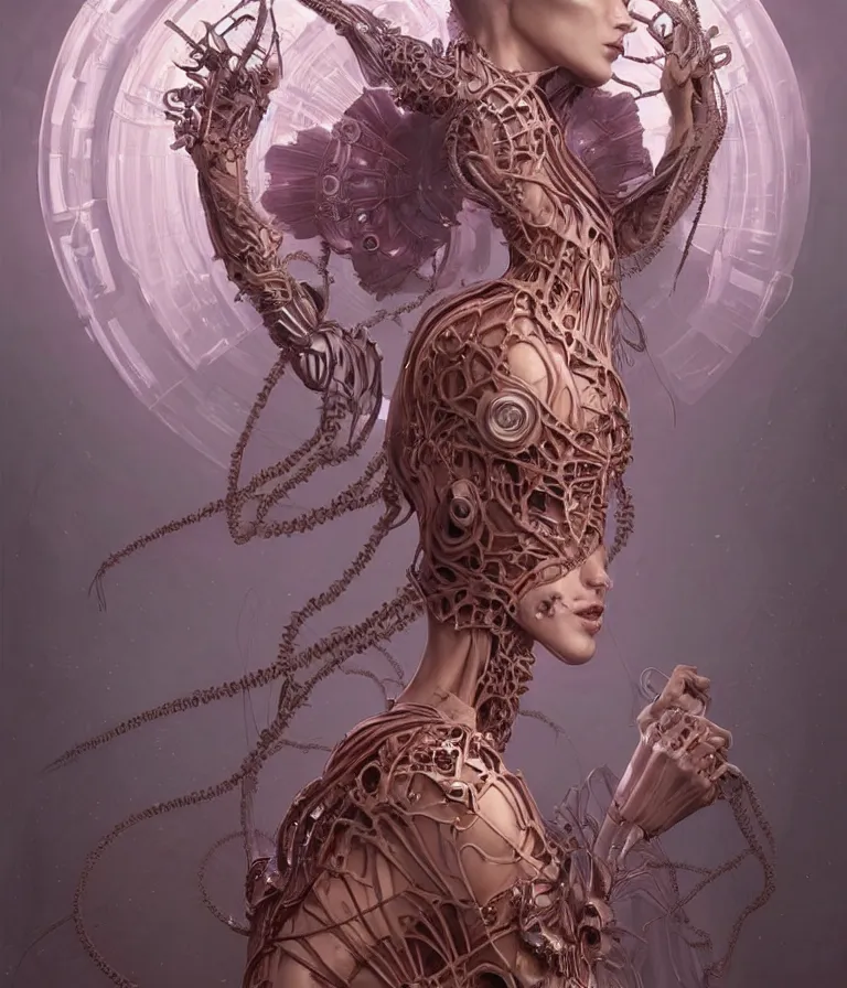 Image similar to fully symmetrical centered portrait of a beautiful princess in robe. artificial muscles, ribcage, bones, hard surface modelling. cyberpunk look. biomechanical mask. bio luminescent biomechanical halo around head. jellyfish. artwork by jarold Sng by artgerm, by Eddie Mendoza, by Peter mohrbacher by tooth wu by alfons mucha, unreal engine, octane render, cinematic light, iridescent details, iridescent colors, dichroic, macro, depth of field, blur