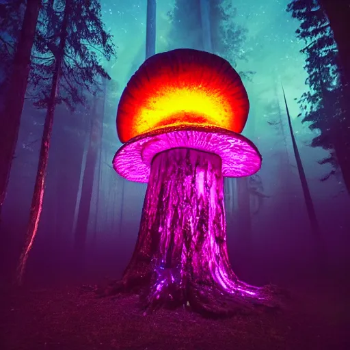 Prompt: photo of a big glowing mushroom in a dark forest glade, purple blue night sky, glowing cosmic dust, magic fog, stars