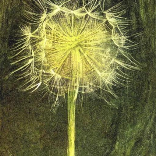 Prompt: a beautiful fairytale painting of a dandelion seed that is also a fairy. the dandelion seed is the body of the fairy. beautiful clear painting by arthur rackham