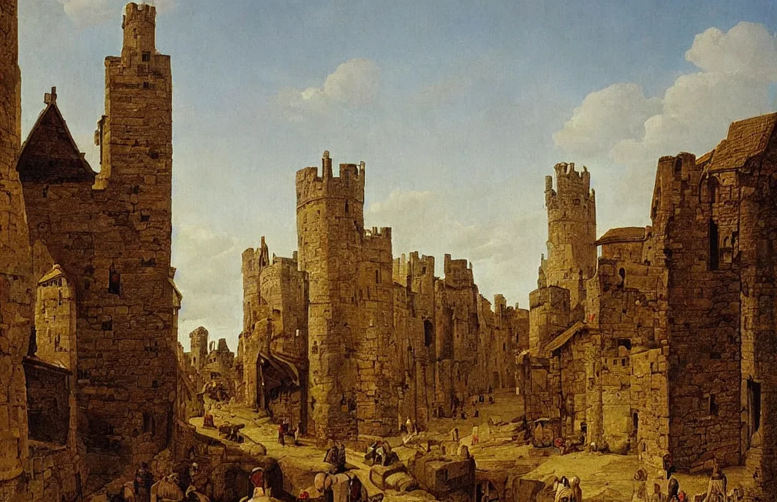 Prompt: view gates of a medieval city!! massive! majestic! tall mountains in the distance!!! by barend cornelis koekkoek