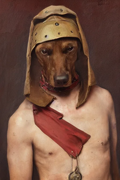 Prompt: Slavic dog head man, beautiful torso in medieval clothes, oil painting, hyperrealism, beautiful, high resolution, trending on artstation,