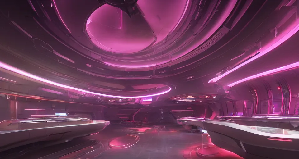 Prompt: a minimalist bulbous zaha hadid space-station night club interior with neon lights and signs inspired by a nuclear reactor submarine and maschinen krieger, ilm, beeple, star citizen halo, mass effect, 2001 space odyssey, elysium, iron smelting pits, warm saturated colours, atmospheric perspective, dramatic sunset