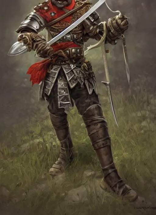 Prompt: strong young man, photorealistic bugbear ranger holding sword, fire magic, black beard, dungeons and dragons, pathfinder, roleplaying game art, hunters gear, jeweled ornate leather and steel armour, concept art, character design on white background, by norman rockwell, makoto shinkai, kim jung giu, artstation trending, poster art, colours red and green