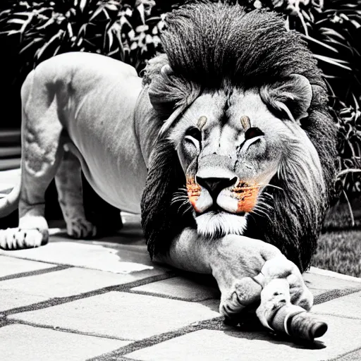 Image similar to a very detailed photo of a lion ( smoking a cigar ) outside the mansion by the pool