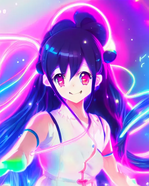 Image similar to anime style, vivid, expressive, full body, 4 k, painting, a cute magical girl idol with a long wavy hair wearing a dress, correct proportions, stunning, realistic light and shadow effects, neon lights, studio ghibly makoto shinkai yuji yamaguchi