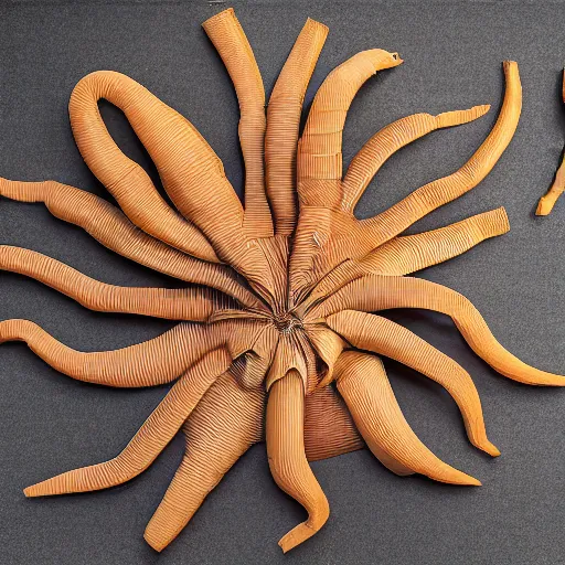 Image similar to tentacles made of brown corrugated cardboard, cut out of cardboard, realistic photography, fantasy