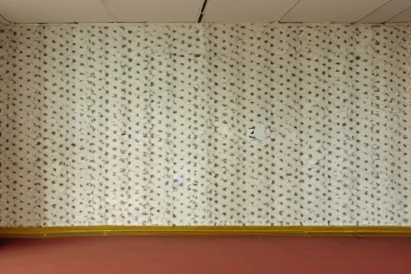 Prompt: an endless space of empty connecting rooms with old yellowed wallpaper from the 1970s and beige carpet lit by fluorescent lights