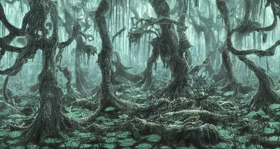 Prompt: A dense and dark enchanted forest with a swamp, by Yoshitaka Amano,