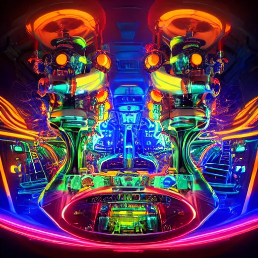 Image similar to cover art, album is called tripmachine, tripmachine, photo of a huge futuristic steampunk machinery with guitars and drums and loudspeakers, connected with glowing tubes 8 k, fluorescent colors, halluzinogenic, multicolored, exaggerated detailed, front shot, 3 d render, octane