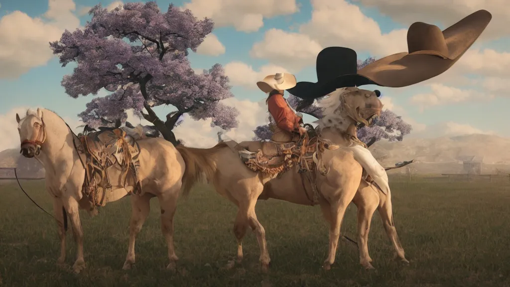 Image similar to cowboy dream, sakura bloomimg, by rene magritte and katsuya terada, rococo, trending on artstation, cinematic lighting, hyper realism, octane render, 8 k, hyper detailed.