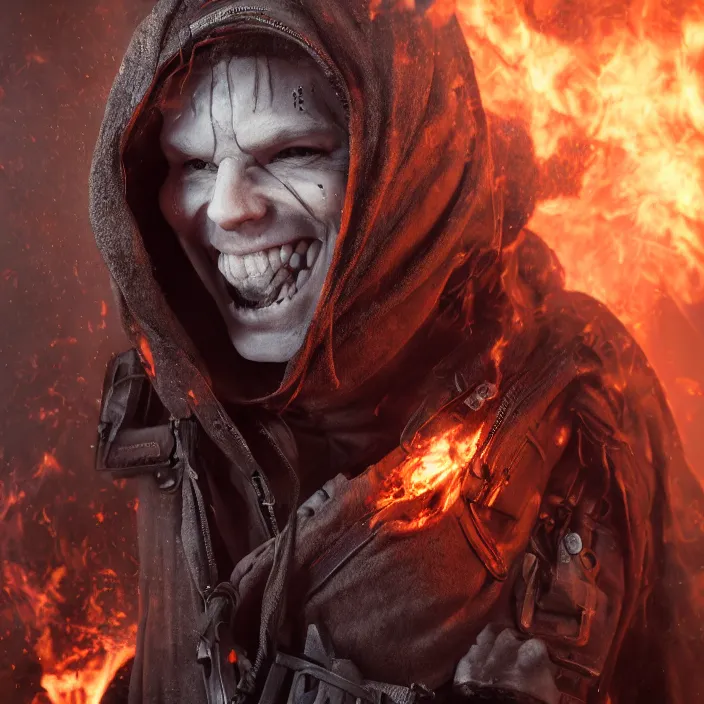 Image similar to gritty apocalyptic hooded man smiling with burning heart in chest, octane render, 4 k ultra hd, hyper - detailed, seedy lighting, sharp focus, fantasy dark art