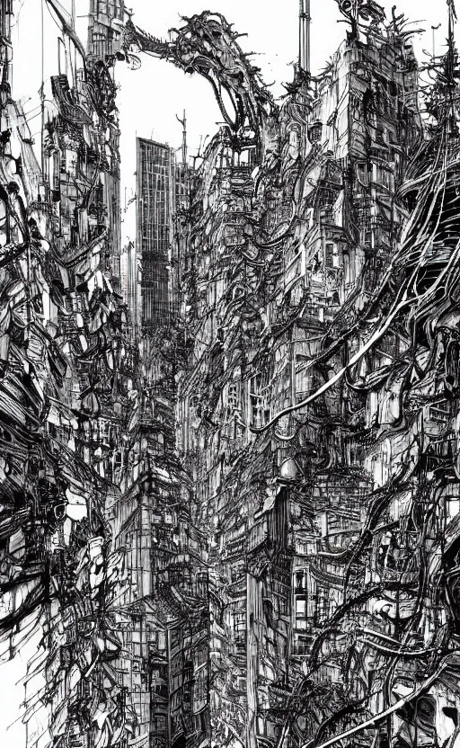 Prompt: dense city scene by tsutomu nihei, inked, minute details, desolation, hyper realistic, cosmic horror, biomechanical, beautiful