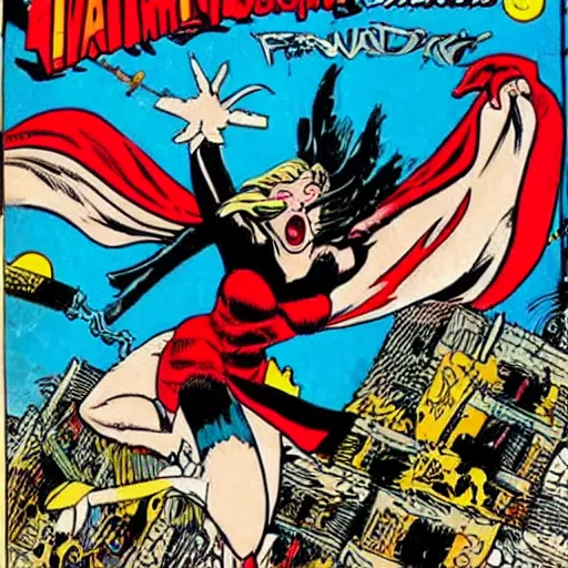 Image similar to a female wizard with wings snarls at her superhero enemy, comic book cover by todd mcfarlane