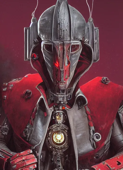 Image similar to portrait of rotten Nicolas Cage as adeptus mechanicus in red hood and robe from Warhammer 40000. Highly detailed, artstation, illustration by and John Blanche and zdislav beksinski and wayne barlowe