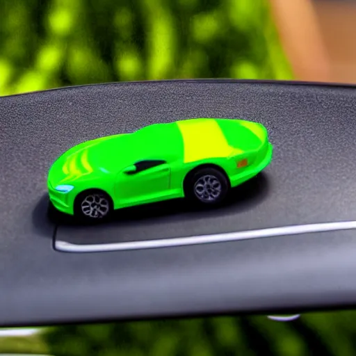 Image similar to a redhead woman driving a Jada toys mitsubishi eclipse green diecast car, high resolution macro photo, viewed through the cars window