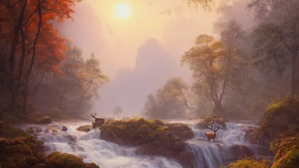 Image similar to the most beautiful panoramic landscape, oil painting, where a giant dreamy waterfall creates a river, the trees around are starting to bloom in a great variety of colors, a majestic deer is drinking water from the river and a ray light of the sunrise is brightening him, there is fog by greg rutkowski