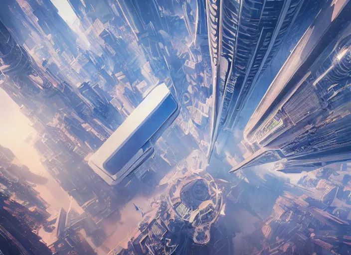 Image similar to painting of a tall futuristic city from above the clouds, intricate abstract. delicate artwork. by Tooth Wu, wlop, beeple, dan mumford. octane render, trending on artstation, greg rutkowski very coherent symmetrical artwork. cinematic, hyper realism, high detail, octane render, 8k, depth of field, bokeh. chrome accents.