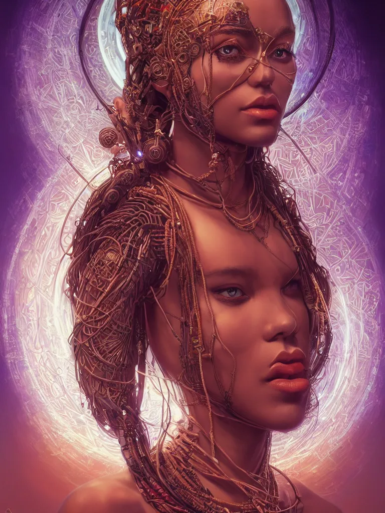 Image similar to a centered render of an alluring mystical tribal goddess adorned with cables and synthesizer parts is surrounded by sacred geometry, full body, gorgeous face, perfect face, powerful, cinematic, beautifully lit, by artgerm, by karol bak, 3 d, trending on artstation, octane render, 8 k