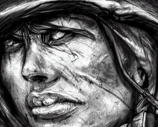 Prompt: A soldier in despair in a world war 1 trench, close-up, realistic face, beautiful face detail, black and white, amazing digital art, hyper detailed, artstation, in the style of Tony Sart