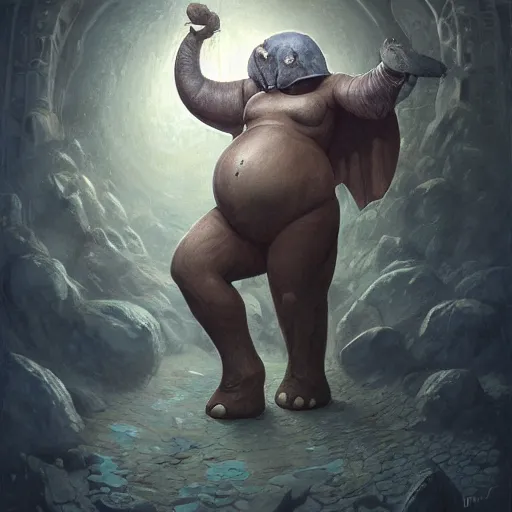 Prompt: fantasy portrait, elephant man, d & d loxodon, wearing loincloth, holding holy symbol, fat, rpg game, main character, detailed, digital painting, artstation, sharp focus, illustration, tomasz alen kopera, peter mohrbacher, donato giancola, joseph christian leyendecker, wlop, frank frazetta