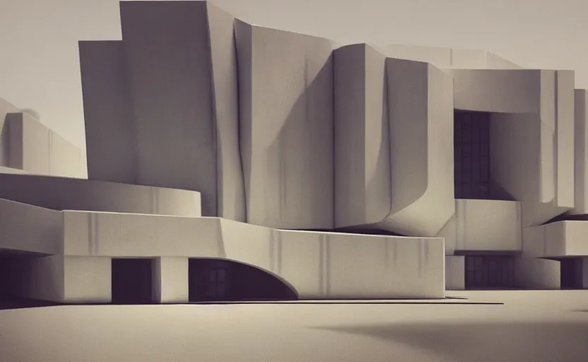 Image similar to a wide angle exterior shot of a white concerete brutalist architecture designed by zaha hadid and peter zumthor, darek zabrocki, greg ruthkowski, cinematic and blue cold atmospheric, concept art, artstation, trending on artstation