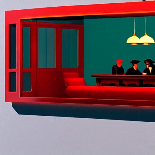 Prompt: a modern dining room design in the style of the nighthawks by edward hopper using 3 d max trending on artstation