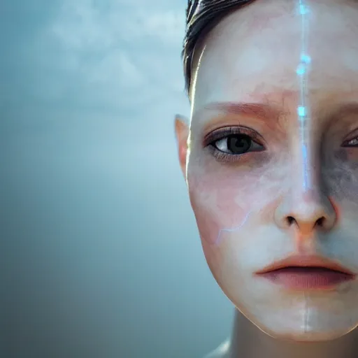 Prompt: beautiful Fine art photography portrait of a solarpunk half robot half human girl with real skin human face, highly detailed, photorealism, cinematic lighting 8k