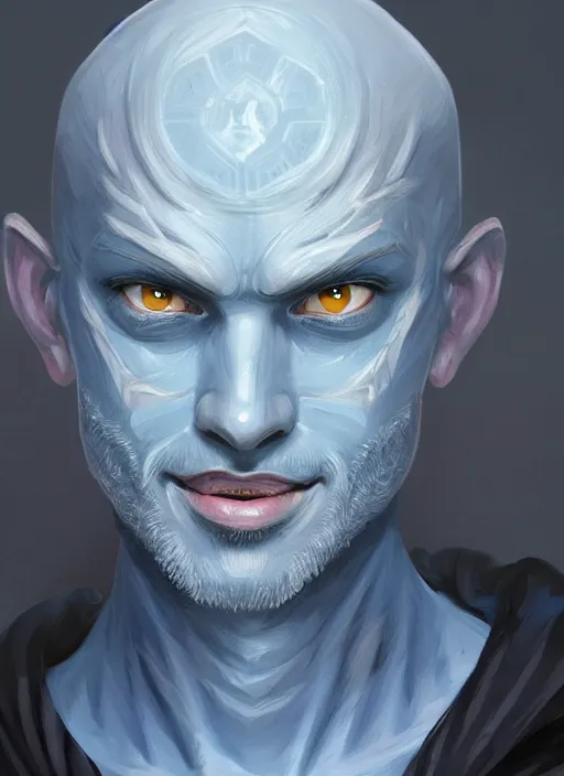 Prompt: head-on symmetrical centered painted portrait, a smiling bald androgynous man with completely blue skin in his twenties as a D&D wizard, fantasy, intricate, elegant, highly detailed, digital painting, smooth, sharp focus, illustration, artstation, in the style of Artgerm and Anna Podedworna and Charlie Bowater and Michael Garmash, clean shaven